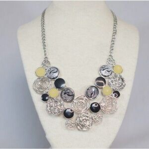 Statement Silver Floral Bib Necklace with Yellow and Black Accents